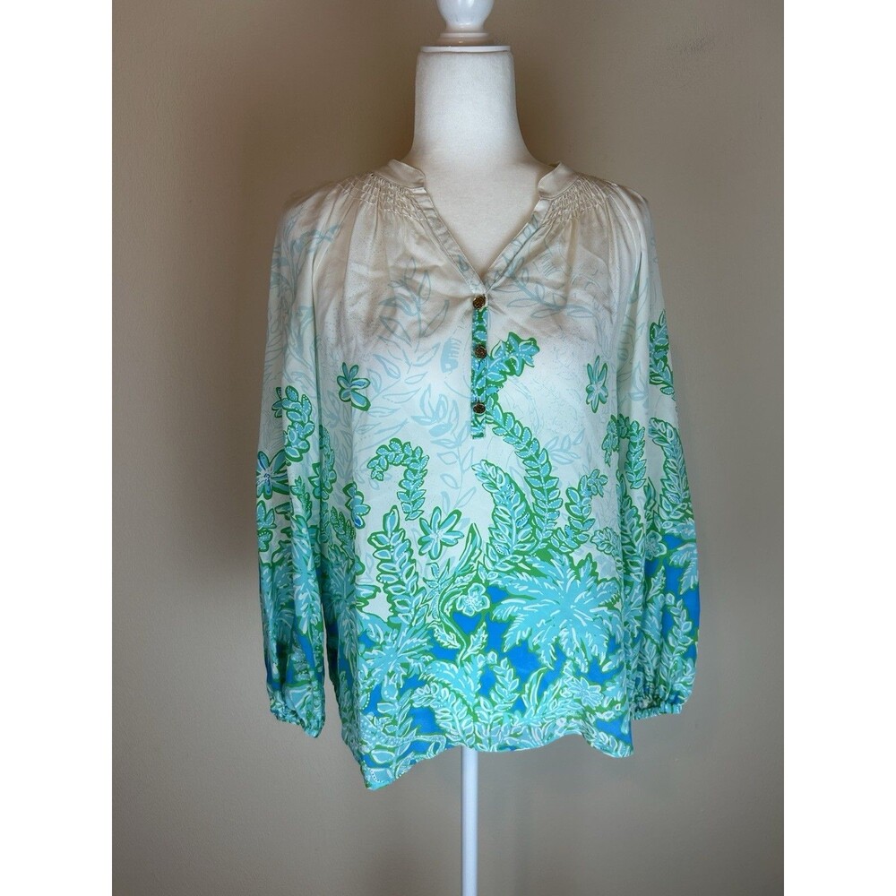 Lilly Pulitzer Small Elsa Top Blouse 100% Silk Rare Palm Party Print S White